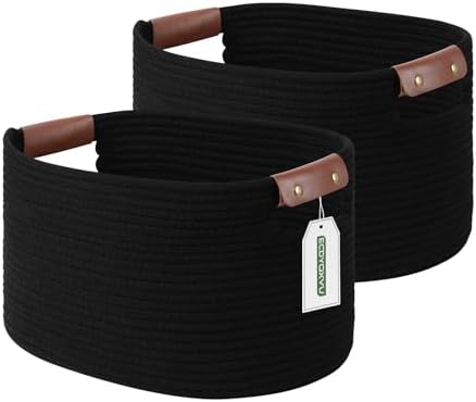 ECDYQXVU 15x10x9 Black Woven Cotton Rope Storage Basket Handles 2 Pack by ECDYQXVU