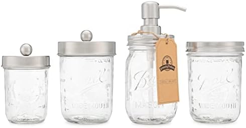 Jarmazing Products Ball Mason Jar Bathroom Gift Set (4 pcs) - Lotion/Soap Dispenser, Toothbrush Holder, Q-Tip Storage Jars - Farmhouse Home Decor for Vanity Organization - Stainless Steel by JarmazingProducts