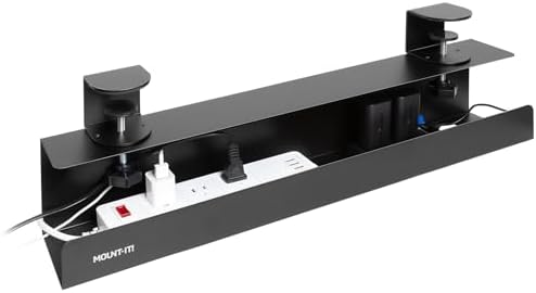 Mount-It! Under Desk Cable Management Tray – Clamp-On No-Drill Metal Cable Management Tray for Desk & Standing Desk, Wire & Cord Organizer for Power Strips, Glass Desks – 23.6” Black by Mount-It
