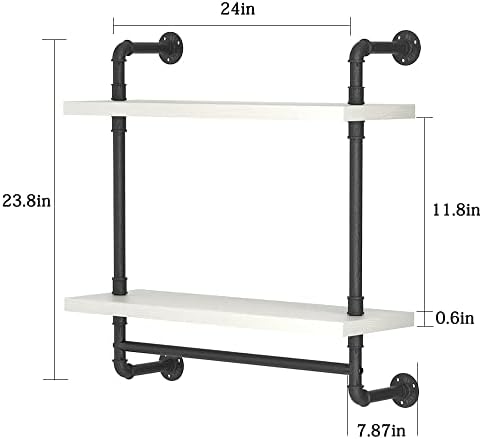 Helsin 24inch Industrial Pipe Shelving Bathroom Shelves Wall Mounted with Towel bar, 2 Tier Rustic Wood Floating Shelf, Metal Towel Rack Wall Shelf for Home & Bathroom (White, 24inch) - Image 3