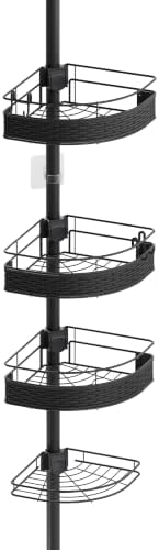 Rubbermaid Tension Pole Corner Shower Caddy: 4-Tier Bathroom Organizer Shelves, No Drill Installation for Renters, Apartments, Dorms, Family Bathroom, Adjustable 60-108 Inch, Black by Rubbermaid