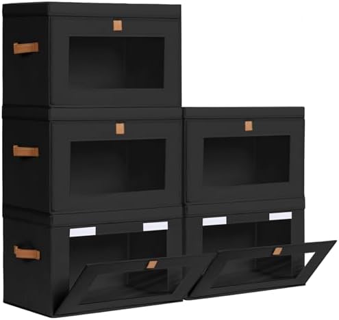 Homsorout Large Closet Storage Bins - Collapsible Clothes Organizer with Handles & Window, Decorative Boxes with Lids, Linen Closet Organizers for Living Room, Dorm, 5 Pack, Black by Homsorout
