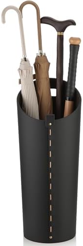 Black Umbrella Holer for Entryway with Drip Tray and 2 Steel Hooks Leahter Tall 22.44 Inches Umbrella Stand Rack Indoor Can Store 10 Golf Umbrellas or Crutches Toy Swords etc by ELPMD