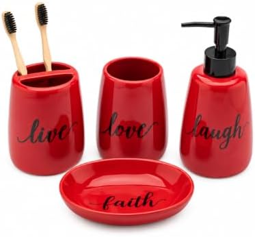 Red Ceramic Bathroom Accessories Set, 4 Piece Farmhouse Bathroom Decor, Soap Dispenser, Toothbrush Holder, Tumbler & Soap Dish, Live Love Laugh Faith Bathroom Countertop Set by Unknown