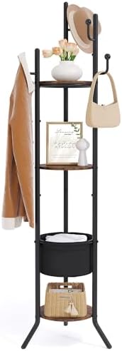 Hoctieon Coat Rack Freestanding, Round Coat Rack with 3 Wooden Shelves and 1 Fabric Basket, Metal Clothes Tree with 5 Hooks, Coat Hanger Stand for Clothes, Hats, Bags, Brown and Black by Hoctieon