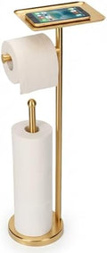 Gold Toilet Paper Holder with Shelf, Freestanding Tissue Holder Stand with Storage Space for Extra 4 Toilet Paper Rolls (Stainless Steel Base, Gold) by FatizonHomeDevice