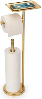 Gold Toilet Paper Holder with Shelf, Freestanding Tissue Holder Stand with Storage Space for Extra 4 Toilet Paper Rolls (Stainless Steel Base, Gold) by FatizonHomeDevice