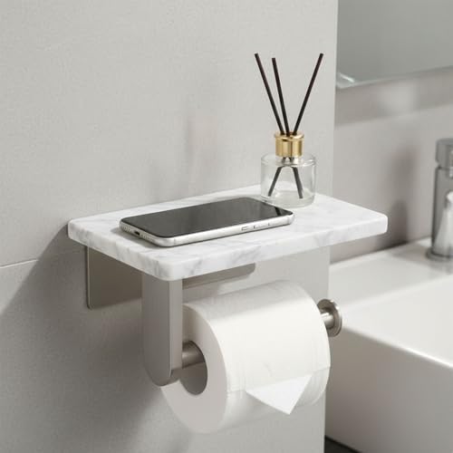 Toilet Paper Holder with Natural Marble Shelf for Bathroom Washroom,Wall Mounted Tissue Holder Suitable for Mega Roll (Brushed Nickel,Small 6.7 * 4.3 in) - Image 6
