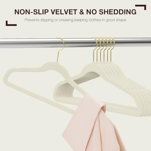 Korpai 50 Pack Beige Velvet Hangers,Felt Hangers with Gold 360°Swivel Hook,Coat Hanger Non Slip,Heavy-Duty,Space Saving,Slim Clothes Hangers for Pants,Outfit,Skirts,Suits,Coats,Dresses ect. - Image 3