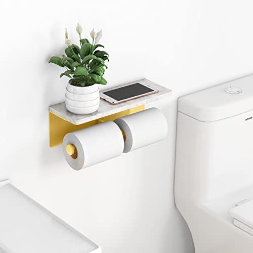 Gypie Brushed Gold Toilet Paper Holder with Marble Shelf, Double Rolls - Image 2