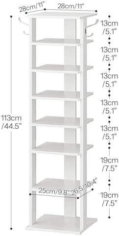 HOOBRO 8 Tiers Vertical Shoe Rack, Wooden Shoe Storage Organizer with Hooks, Narrow Shoe Tower for 8 Pairs, Space Saving, for Entryway, Living Room, Bedroom, White WT07XJ01G1 - Image 3