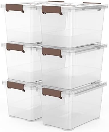 WYT 6-Pack Clear 7 Quart Storage Latch Box/Bins, Plastic Stackable Latching Box with Brown Handle and Lid, Multi-Purpose, 7 Litre by WYT