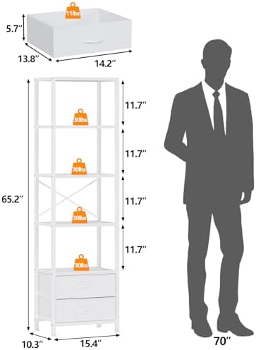 Furnulem 5-Tier Corner Shelf,Tall Narrow Bookshelf with Drawers,White - Image 3
