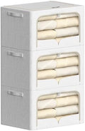 FHSQX 3 Pack Clothes Storage Bins Foldable Metal Frame Storage Box Stackable Linen Fabric Container Organizer Set with Carrying Handles and Clear Window (Cream White, 15.7x11.8x7.8inch(22L)) by FHSQX