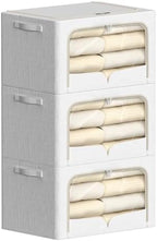 FHSQX 3 Pack Clothes Storage Bins Foldable Metal Frame Storage Box Stackable Linen Fabric Container Organizer Set with Carrying Handles and Clear Window (Cream White, 15.7x11.8x7.8inch(22L)) by FHSQX