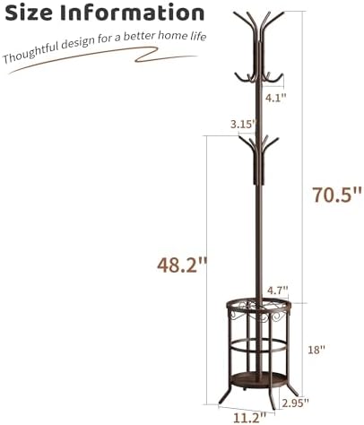 Coat Rack Freestanding with Umbrella Stand Coat Rack Stand with 12 Hooks Metal Coat Tree Coat and Hat Hanger Jacket Entryway(Brown) - Image 7