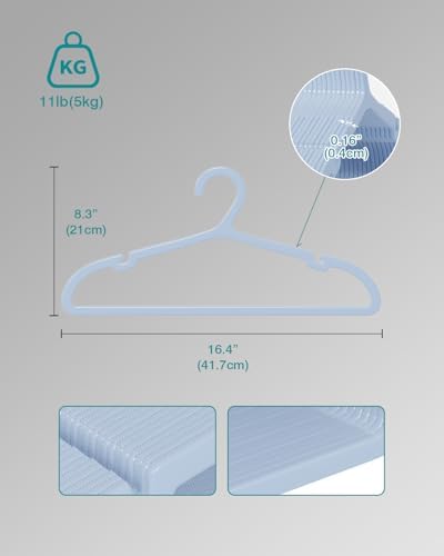 ABHENG 100 Pack Clothes Hangers, Non Slip Plastic Coat Hangers, Space Saving, Heavy Duty, Hanging Dry Wet Clothes, 16.4" x 8.3", Light Blue, UAPY05100L - Image 5