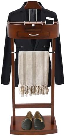 Wood Valet Stand for Men & Women, Freestanding Suit Rack Organizer with Drawer, Top Tray, Contour Hanger, Trouser Bar, Tie/Belt Hooks & Shoe Rack, Garment Stand for Bedroom, Entryway, Office, Hallway - Image 2