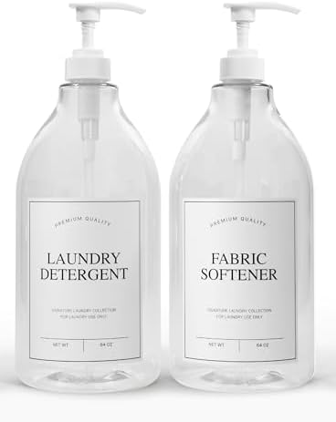 Calindiana Modern Farmhouse Liquid Laundry Detergent and Fabric Softener Dispenser for Laundry Room Decor and Organization, PET Plastic Landry Soap Containers with Water Resistant Labels, Clear 64oz by Calindiana