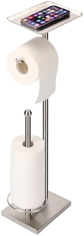 Toilet Paper Holder with Tray At the Top, Heavy-Weighted Stainless Steel Base No Wobbly, Freestanding Toilet Paper Rolls Stand, Hold Extra 3 Paper Rolls On the Base (Brushed Nickel) by Sfemn