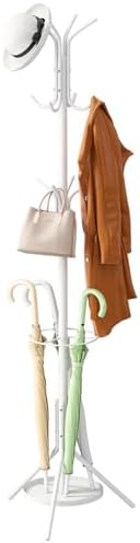Coat Rack Freestanding Entryway Hanger Stand, Umbrella Holder, Hall Tree With 12 Hooks, Floor Standing Metal Tree Stand, White by Wieghda