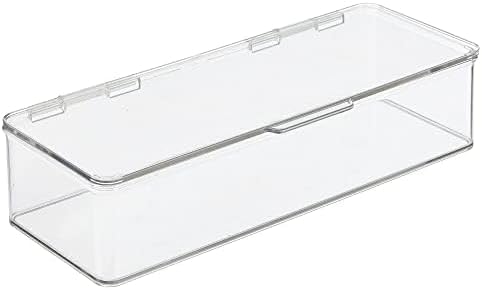 mDesign Long Plastic Kitchen Pantry/Fridge Storage Organizer Box Containers with Hinge Lid for Shelves or Cabinets, Holds Food, Snacks, Seasoning, Condiments, Flatware, Utensils, 2 Pack, Clear by mDesign