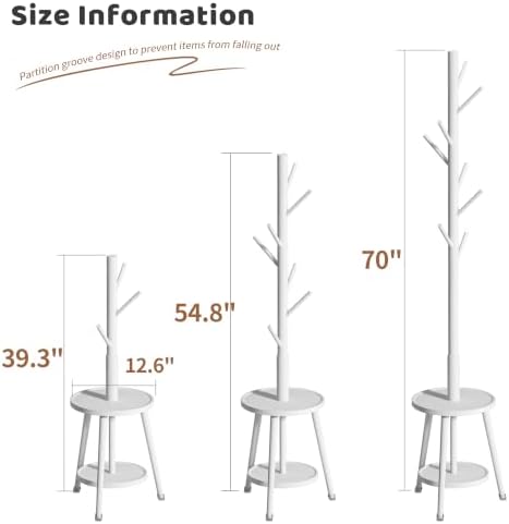 Freestanding Coat Rack with Umbrella Organizer Tray Bamboo Coat Tree Rack with 8 Hook Stand for Clothes Bag Hats Entryway Hanger Stand (Umbrella Tray, White) - Image 2