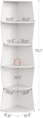 6-Tier Wavy Corner Shelf, Wooden Tall Corner Bookshelf, White - Image 2