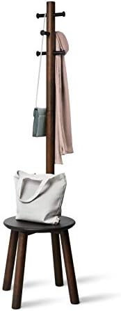 Umbra Pillar Coat Rack with Stool, Freestanding 6 Hooks, Black/Walnut by Umbra