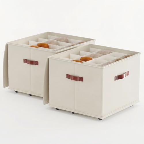 2 Pack Shoe storage Organizer with wheels,No Assemble Required Shoe boxes with premium waterproof material,Adjustable Dividers Fits 32 Pairs,shoe Storage Bins with Reinforced Handle (beige, 32 pairs) by LightUpYourLifeWithShiningFutureFlowers
