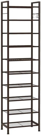 usikey 10 Tiers Narrow Shoe Rack 20-30 Pairs, Sturdy Metal Tall Shoe Rack Shelf with 4 Hooks, Slim Shoe Storage with Metal Shelf, Space Saving Vertical Shoe Organizer for Closet Entryway, Bronze by USIKEY