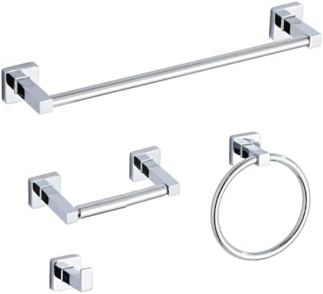 Chrome Bathroom Hardware Set 4 Pieces,Towel Bar Set Stainless Steel Wall Mounted, Includes 16In Hand Towel Bar, Towel Ring, Robe Towel Hooks,Toilet Paper Holder, Bathroom Towel Rack Set by bluebyrne