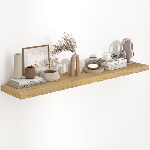 Fun Memories 55 Inch Long Floating Shelves for Wall, 55x9.3 Large Floating Shelf for Bedroom, Kitchen, Bathroom, Wall Mounted Rustic Wood Shelves with Invisible Bracket for Books, Decor, Oak by FunMemories