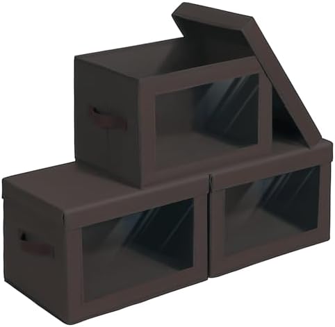 Homsorout Stackable Storage Bins with Lids - Large Storage Box with Lids, Foldable Closet Boxes for Organizing, Wardrobe Clothes Organizer with Window, Cubes Bins for Living Room, 3 Pack, Brown by Homsorout