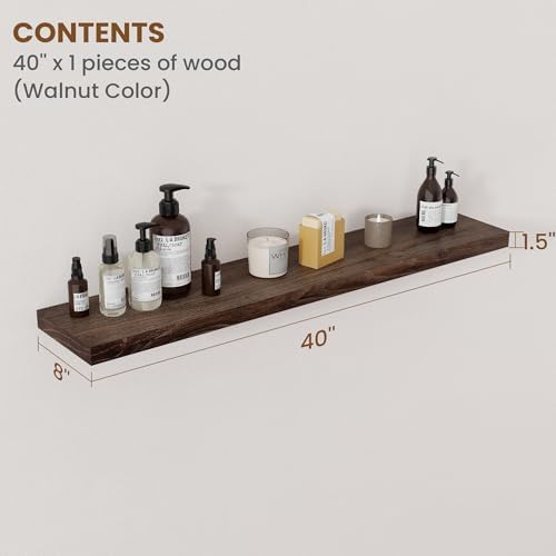 Floating Shelves for Wall Decor, 8 Inch Deep Rustic Solid Elm Wood Floating Shelves Wall Mounted, Wall Shelves with Invisible Bracket for Living Room Bathroom Bedroom Kitchen, 40 Inch Set of 1, Walnut - Image 2