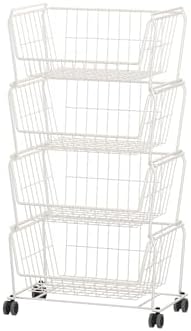 PUSDON 4-Tier Spacious Stackable Wire Storage Baskets with Wheels, Metal Rolling Utility Cart, Produce Basket for Pantry, Bathroom Organizer Shelf, Classic White by PUSDON
