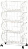 PUSDON 4-Tier Spacious Stackable Wire Storage Baskets with Wheels, Metal Rolling Utility Cart, Produce Basket for Pantry, Bathroom Organizer Shelf, Classic White by PUSDON