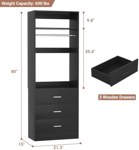 Besiost Freestanding Closet System with 3 Drawers, Wood Closet Organizer - Image 7