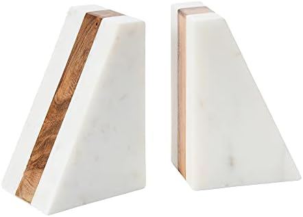 Main + Mesa Marble Geometric Bookends with Wood Inlay, White by MainMesa
