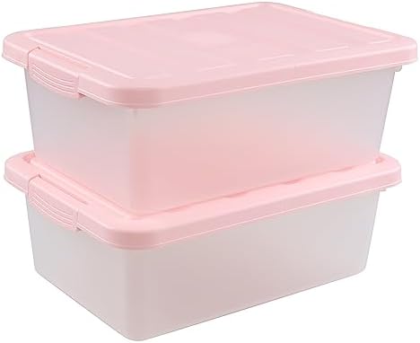 14 Quart Plastic Latching Storage Box, Plastic Underbed Storage Bin with Pink Lids, 2 Packs by Qqbine