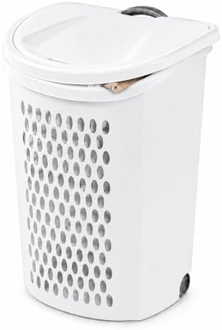 135L White Wheeled Plastic Laundry Hamper - Rolling Laundry Basket with Lid by Unknown
