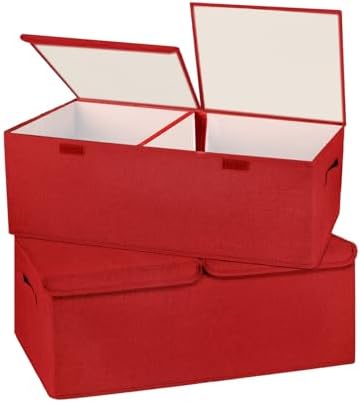2 Pack Large Storage Boxes with Lids and Handles, Collapsible Linen Storage Bins Organizer Containers Baskets Cube with Removable Divider for Home Bedroom Closet Office (Red, Small) by Unknown