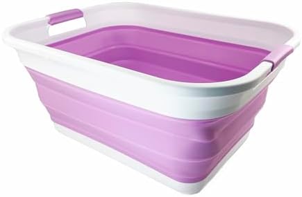 SAMMART 41L (10.8 gallon) Collapsible Plastic Laundry Basket - Foldable Pop Up Storage Container/Organizer - Portable Washing Tub - Space Saving Hamper/Basket (Rectangular, White/Pale Purple) - Image 4