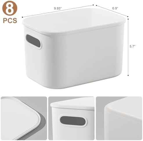 ORGIDOL 8 Pack White Storage Bins with Lids Stackable Storage Container for Organizing, Storage Boxes with Handle for Shelves, Cute Storage Bin for Craft, Snacks, 9.85x6.9x5.7 inch - Image 6