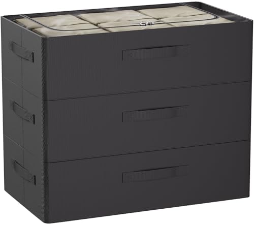 CYhom 3Pcs Under Bed Storage Bins with Metal Frame - Shoe Organizer for Closet with Clear Cover Oxford Fabric Sturdy Underbed Container Foldable Stackable Clothes Organizer (Black, 23.5x11.8x6.3) by CYhom