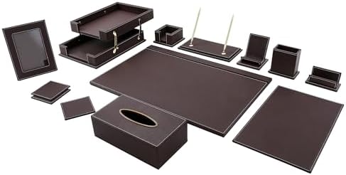 Leather Desk Set, 13-Piece All-in-One – Executive Desk Accessories & Office Supplies,Desk Organizer with Desk Pad & Blotter, 2-Tier Letter Tray, Luxury Office Desk Decor & Boss Gifts (Brown) by RitPin
