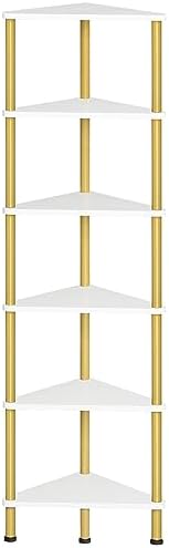 HOOBRO Corner Shelf Stand, Industrial 6-Tier Wall Corner Bookshelf with Metal Frame, Plant Display Shelf, Bookcase for Small Spaces, Living Room, White and Gold DW36CJ01 by HOOBRO
