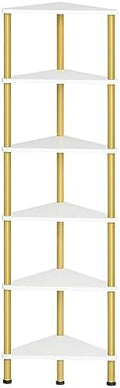 HOOBRO Corner Shelf Stand, Industrial 6-Tier Wall Corner Bookshelf with Metal Frame, Plant Display Shelf, Bookcase for Small Spaces, Living Room, White and Gold DW36CJ01 by HOOBRO
