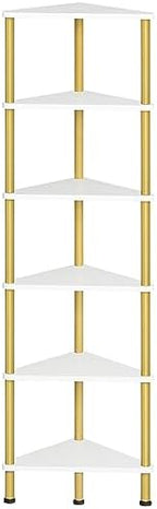 HOOBRO Corner Shelf Stand, Industrial 6-Tier Wall Corner Bookshelf with Metal Frame, Plant Display Shelf, Bookcase for Small Spaces, Living Room, White and Gold DW36CJ01 by HOOBRO