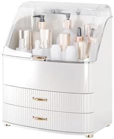 Makeup Organizer Countertop Vanity with Transparent Lid Drawers Waterproof Dustproof Cosmetic Skincare Bathroom Storage Gift for Women Teens Girls (White) by Unknown